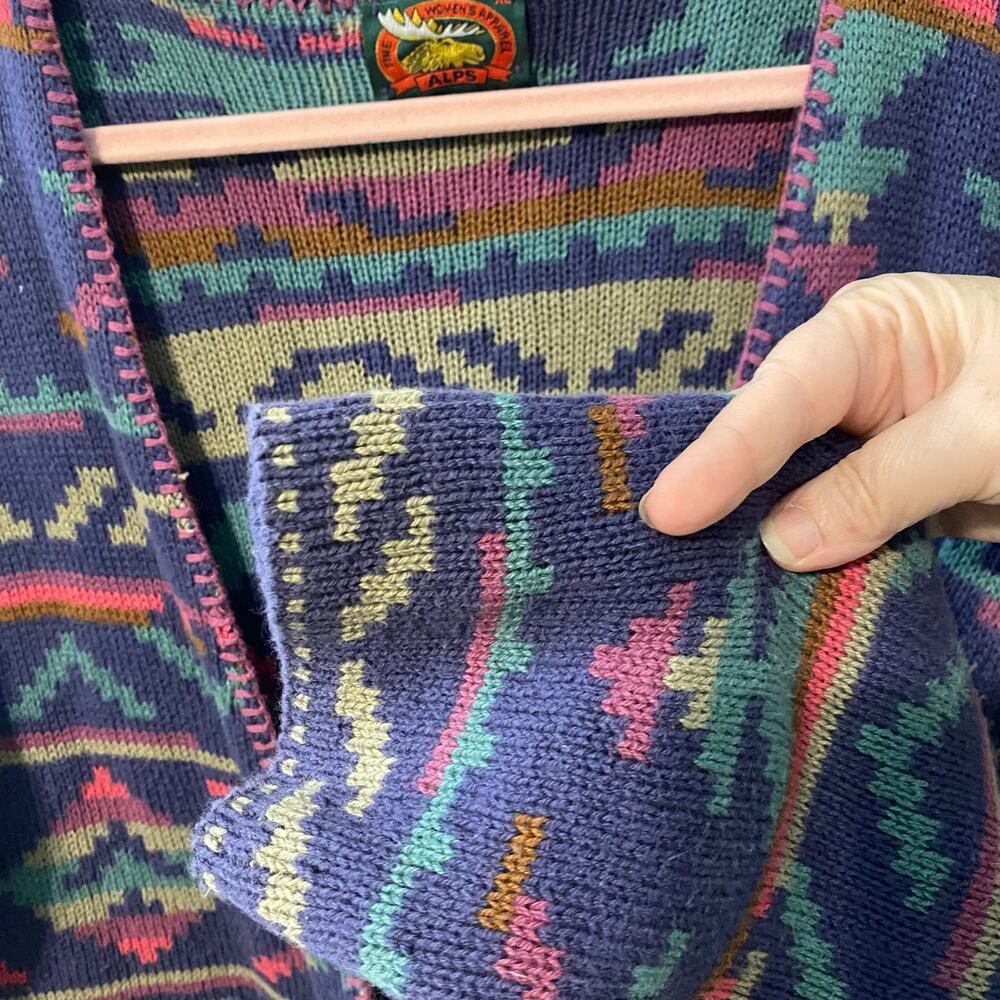 Vintage ALPS Southwestern Cotton Cardigan Sweater XL USA Aztec Knit Boho purple - Picture 6 of 8